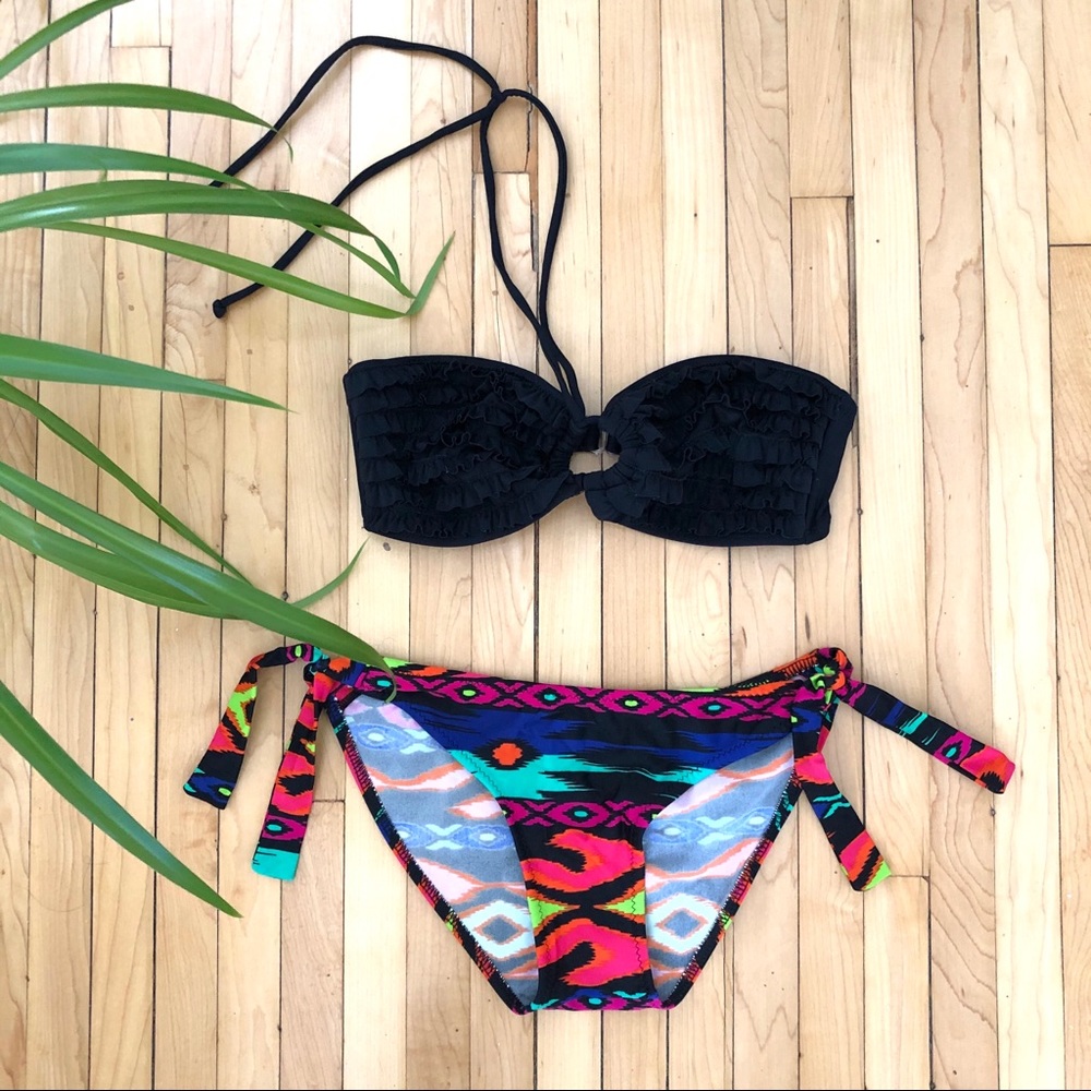 Black ruffled bikini top and colourful tie bottom